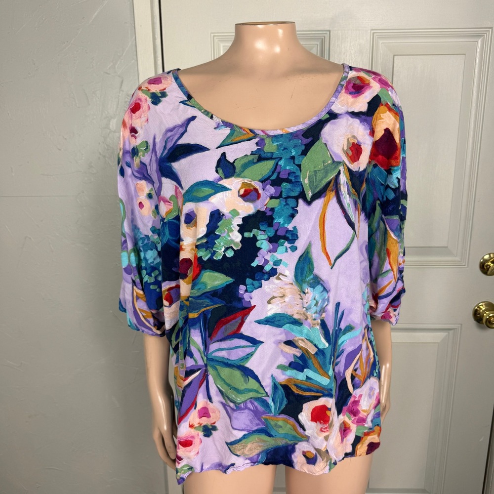 Jams World Womens Blouse XL Hawaiian Rayon Shirt Floral Dewberry  D14